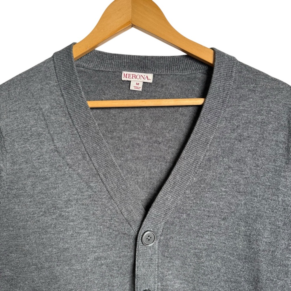 Merona Wool Blend V-Neck Knit Button Up Cardigan Men Medium Grey Grandpa Sweater - Picture 3 of 7